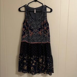 Floral Sleeveless Dress - Navy Blue and Pink